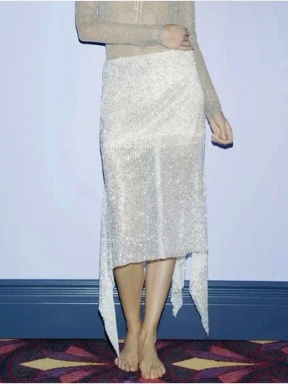 Zara Silver beaded midi skirt with asymmetrical hem in XS